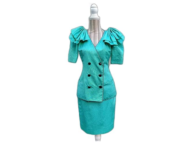 Jean Louis Scherrer Scherrer vintage skirt suit with polka dot Coton Turquoise  ref.1322464