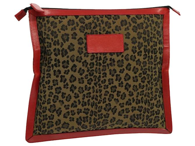 FENDI Leopard Clutch Bag Nylon Leather Red Brown Auth bs13085  ref.1322733