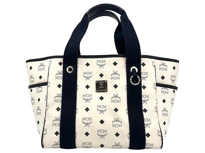 Sac à main MCM Shopper Bag, sac à main blanc, bleu, noir avec logo imprimé.  ref.1323154
