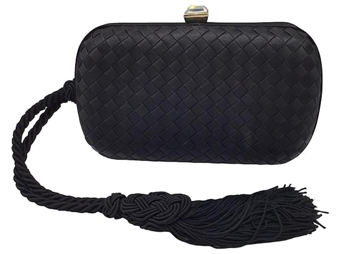 Autre Marque Bottega Veneta Vintage Black Woven Satin Intrecciato Mini Clutch Bag Cloth  ref.1323245