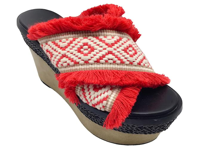 Autre Marque Barbara Bui Red / White / Taupe Suede Platform Wedge Heel Fringed Embroidered Sandals Cloth  ref.1323248
