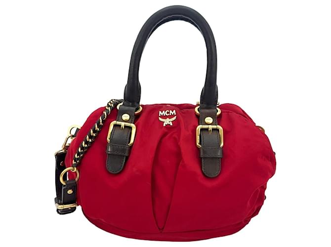 MCM shoulder bag handbag fabric & leather red dark brown bag small  ref.1323325