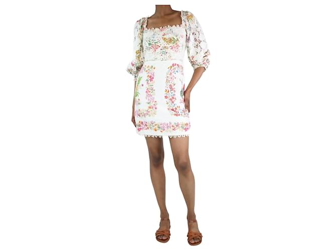 Autre Marque White puff-sleeved embroidered floral dress - size XS Linen  ref.1323524