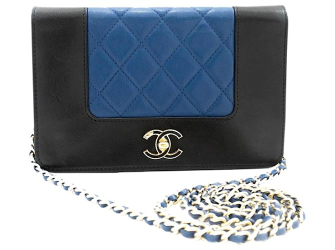 Wallet On Chain Chanel negro y azul 2016 Monedero en Cadena Cuero  ref.1323561