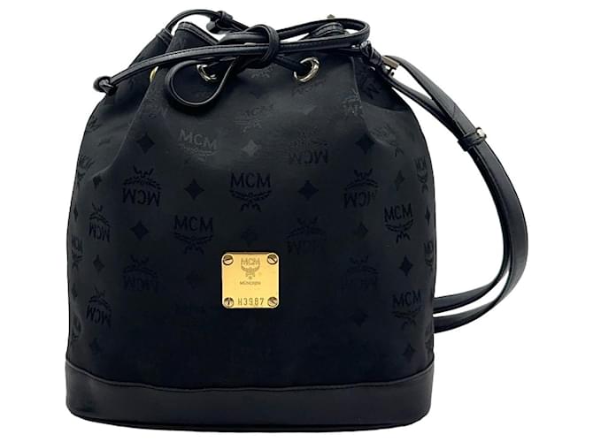 MCM Vintage Nylon Leather Bucket Drawstring Shoulder Bag Drawstring Bag Purse Black  ref.1323576