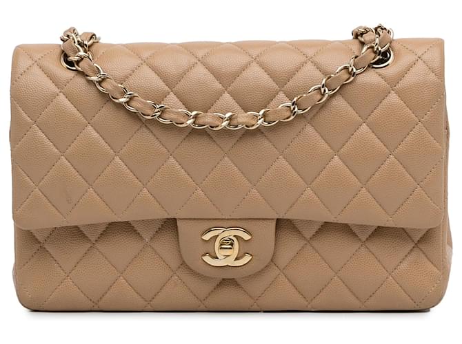 Chanel Brown Medium Classic Caviar Double Flap Beige Leather  ref.1323659