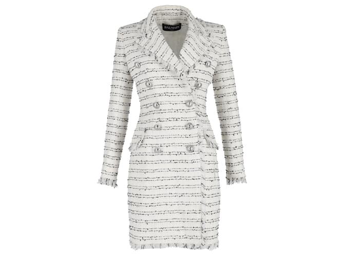 Balmain Striped lined-Breasted Coat in Cream Cotton White  ref.1323704