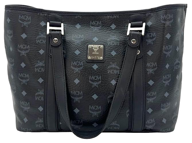 MCM Visetos Shopper Bag Shoulder Bag Black Silver Tote Bag Medium  ref.1323757
