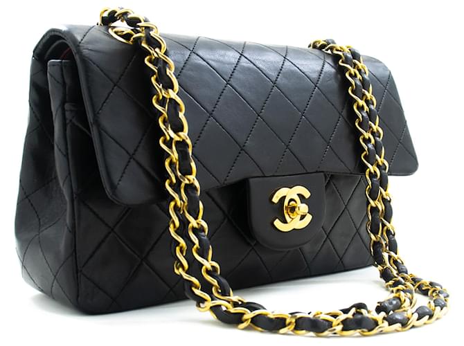 Chanel Classic gefütterte Klappe 9"Chain Shoulder Bag Black Lambskin Schwarz Leder  ref.1323946