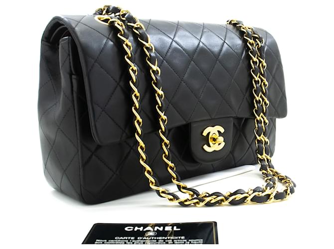 Aba forrada Chanel Classic 10"Bolsa de Ombro em Corrente Pele de Cordeiro Preta Preto Couro  ref.1323955
