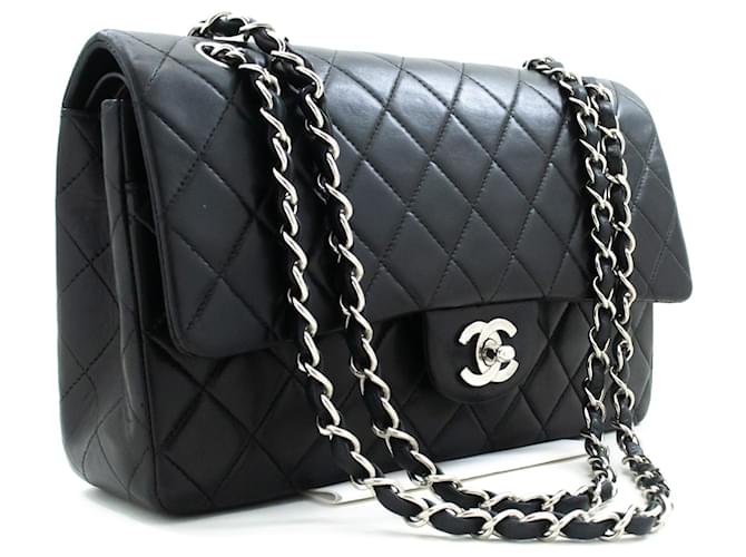 Solapa forrada Chanel Classic 10Bolso de hombro con cadena de piel de cordero negro Cuero  ref.1323956