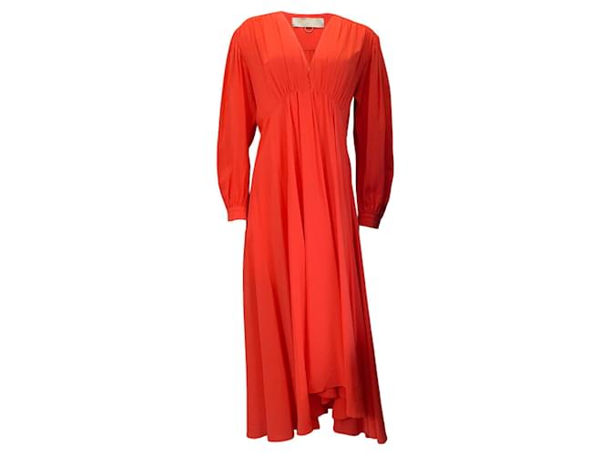 Autre Marque Mantu Poppy Red Long Sleeved V-Neck Silk Midi Dress  ref.1324229