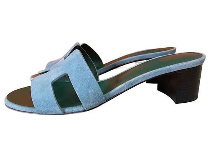 Sandales Hermès Oasis en daim coupé vif couleur Bleu Minéral Vert  ref.1324285