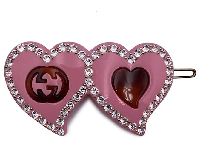 Gucci Pink Resin lined Hearts Crystals Hair Clip Barrette Plastic  ref.1324335