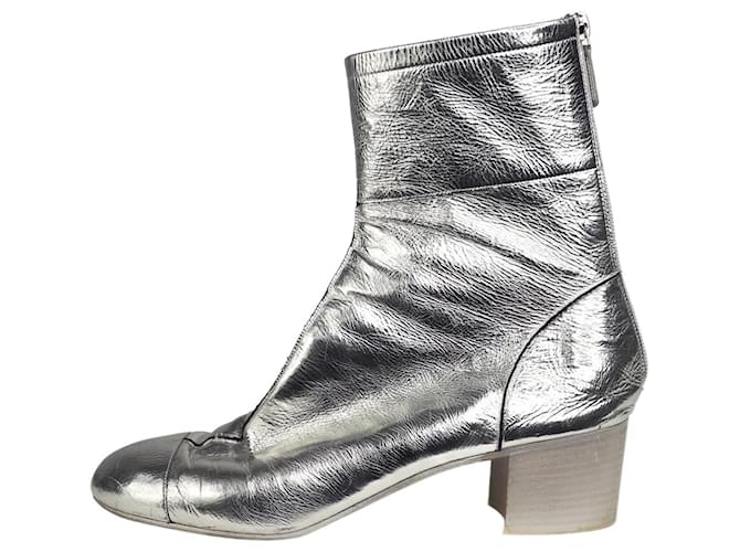 Chanel Silver boots with back zip - size EU 41.5 Silvery Leather  ref.1324415