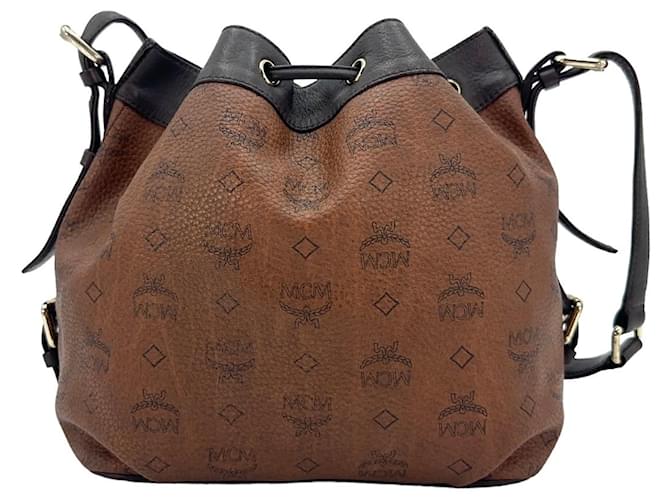 Bolso de hombro MCM Bucket Drawstring Bag en marrón con estampado del logo, tamaño mediano. Castaño  ref.1324426