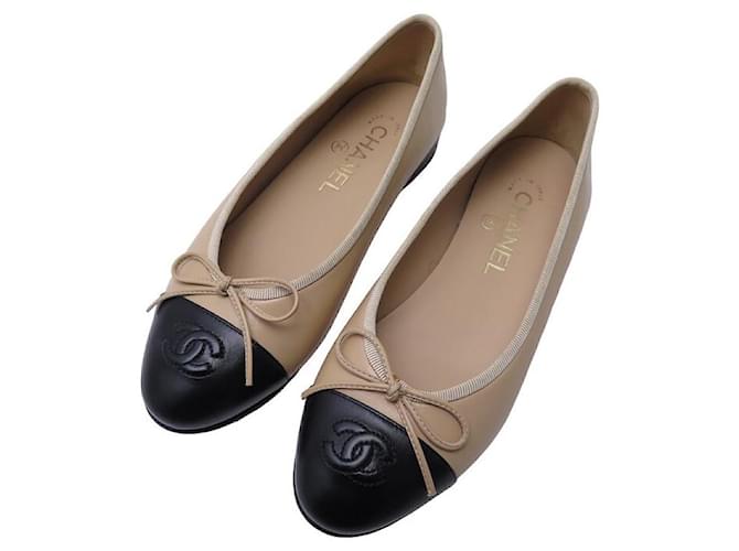 NEW CHANEL BALLERINAS SHOES G02819 CC logo 36 BLACK & BEIGE FLAT SHOES Leather  ref.1324598