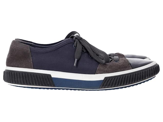 Prada Lace Up Sneakers in Navy Blue Canvas Cloth  ref.1324641
