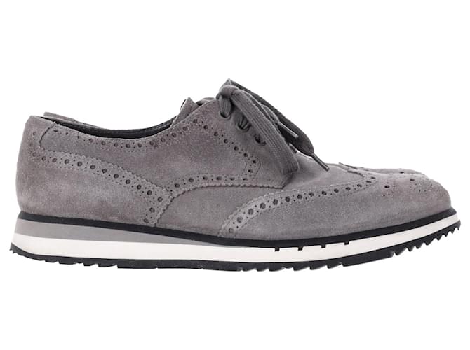 Prada Wingtip Detail Derby Sneakers in Grey Suede  ref.1324643