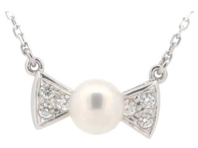 Mikimoto 18K Pearl Diamond Ribbon Necklace Metal  ref.1324690
