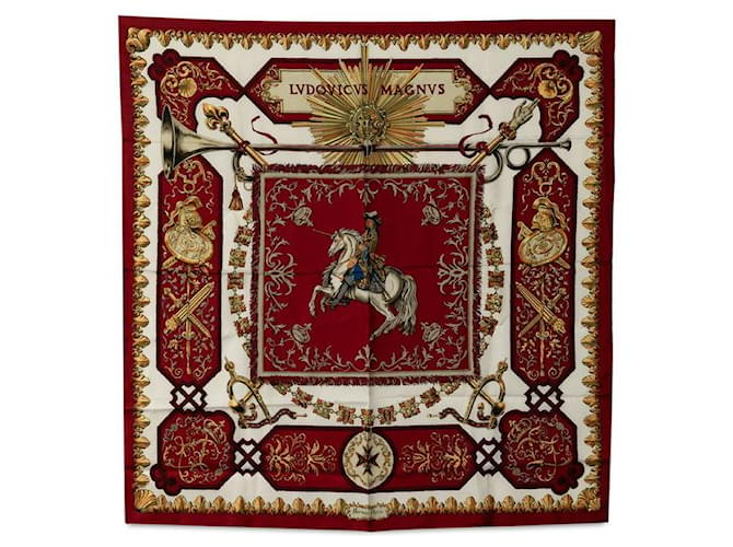 Sciarpa in seta Hermès W87cm x H87cm LVDOVICVS MAGNVS Luigi XIV a cavallo bianco in ottime condizioni Rosso Tela  ref.1324701