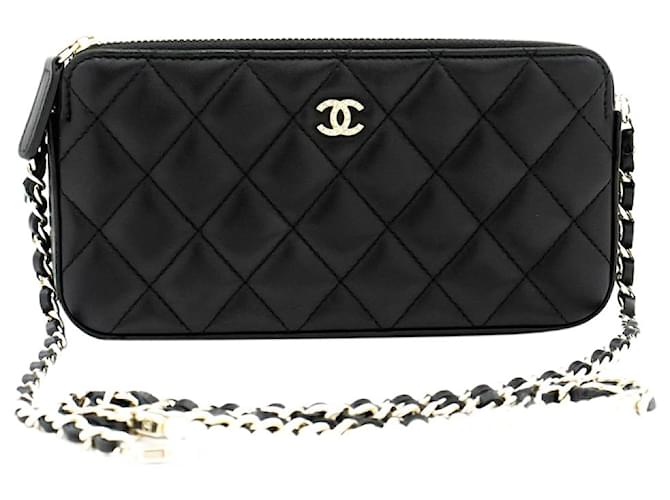 Wallet On Chain Chanel Schwarze Perle 2016 Brieftasche an der Kette Leder  ref.1324747