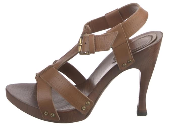 Bottega Veneta High heeled tan sandals with wooden heel and platform Brown Leather  ref.1325152