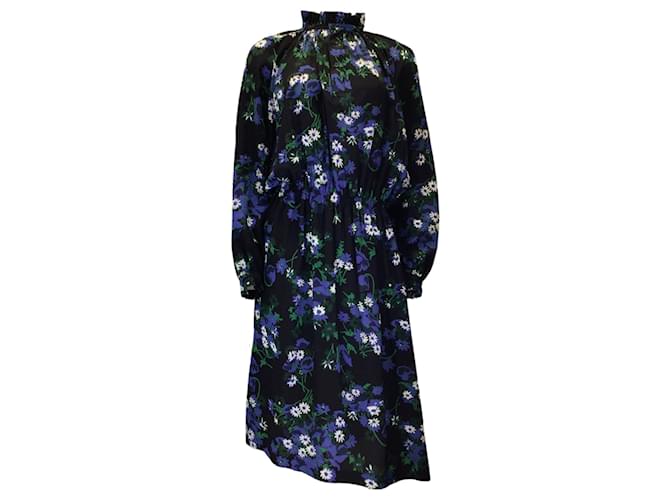 Autre Marque Plan C Black / Blue / Green Multi Floral Printed Long Sleeved Silk Midi Dress  ref.1325194
