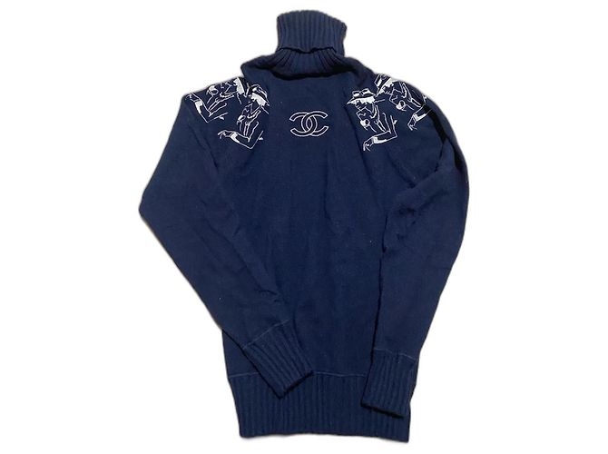 Chanel Kaschmirpullover in Blau mit Coco Chanel Stickerei