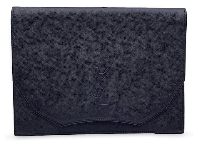 Yves Saint Laurent Bolsa tipo clutch de couro preto vintage com logotipo YSL  ref.1325375