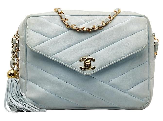 Camera Bolsa de ombro com corrente Chanel Suede Bias Stitch Coco Mark Tassel em bom estado Azul Couro  ref.1325926