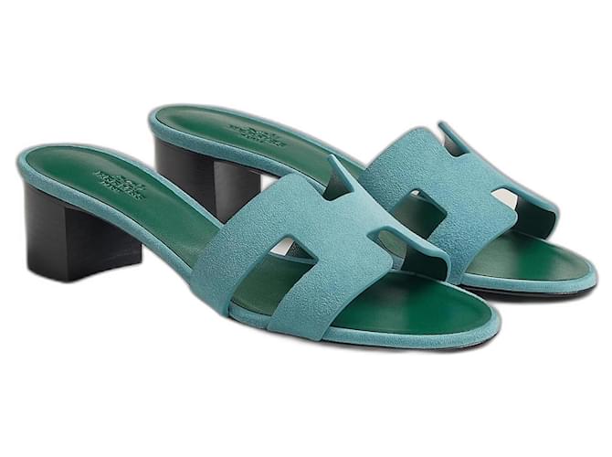 Hermès Oasis Sandals Color, Mineral Blue 38 EU Light blue Dark green Leather Deerskin  ref.1326024
