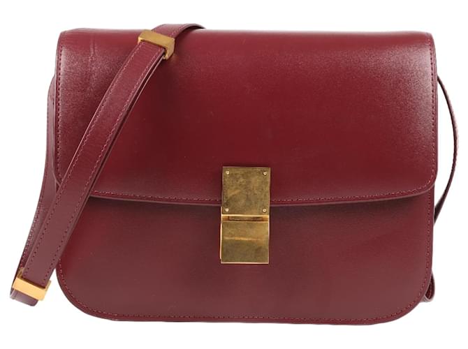 Céline CELINE Box Calfskin Medium Classic Box Flap Bag in Burgundy Dark red Leather  ref.1326427
