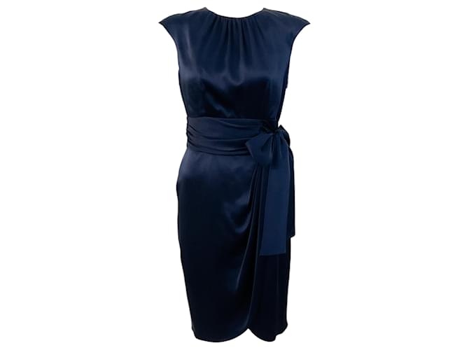 Autre Marque Carolina Herrera Navy Blue Silk Dress with Tie at Waist  ref.1326525