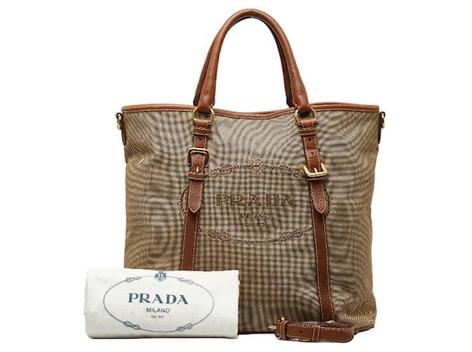 Tote Prada Canvas-Leder-Logo-Jacquard-Handtasche in gutem Zustand Braun Leinwand  ref.1326593