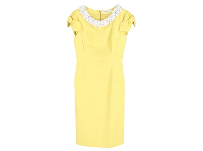Robe longueur genou ornée Dior en coton jaune pastel  ref.1326821