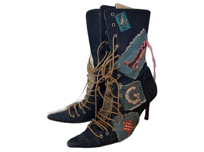 Lace-up denim boots by John Galliano Blue Cotton  ref.1327649