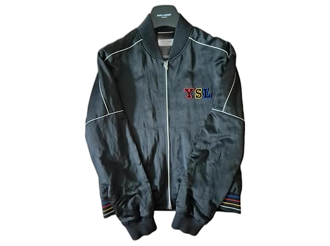 Yves Saint Laurent bomber jacket with embroidered YSL logo Black White Polyester Wool Viscose  ref.1327701