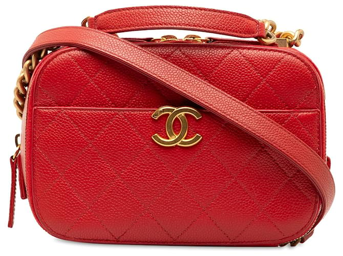 Camera Petit sac photo matelassé rouge Chanel avec poignée supérieure en caviar Cuir  ref.1327774
