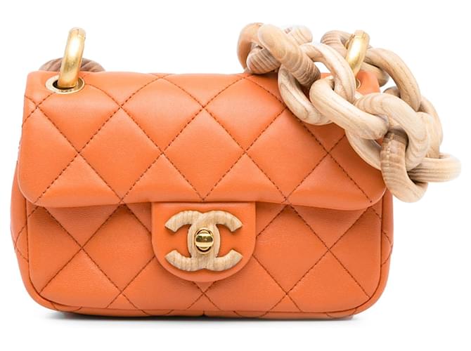 Chanel Orange Mini Wenge Wood Chain Flap Leather  ref.1327780