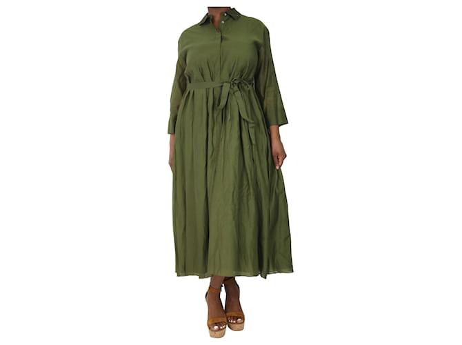 Autre Marque Green belted shirt pleated midi dress - size UK 14 Silk Cotton  ref.1327825