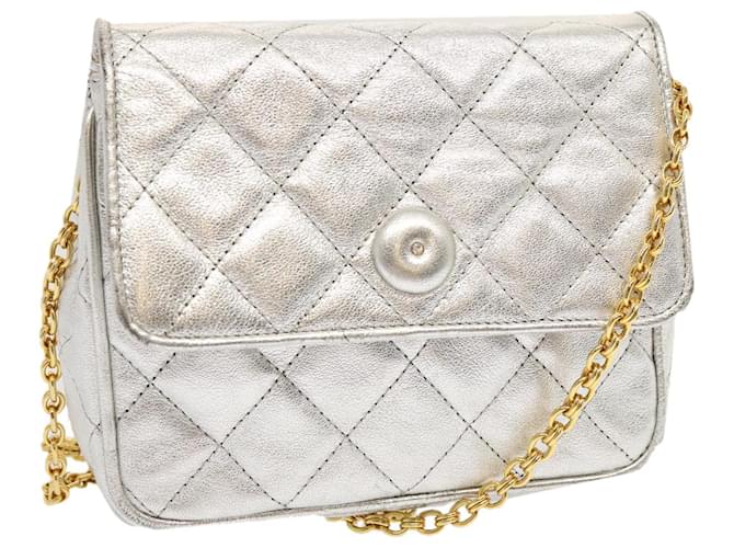 CHANEL Chain Shoulder Bag Leather Silver CC Auth 69855 Silvery  ref.1327887