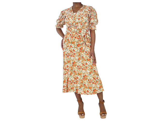 Faithfull the Brand Orange floral wrap top and midi skirt set - size UK 12 Rayon  ref.1328062