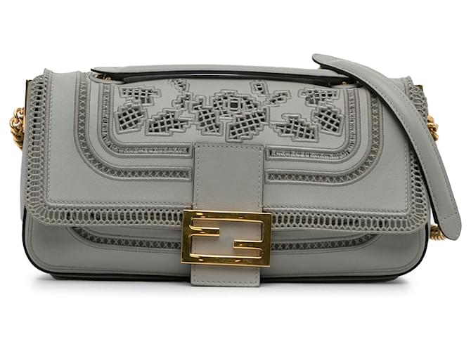 Fendi Gray Embroidered Lace Baguette Chain Grey Leather Pony-style calfskin  ref.1328117