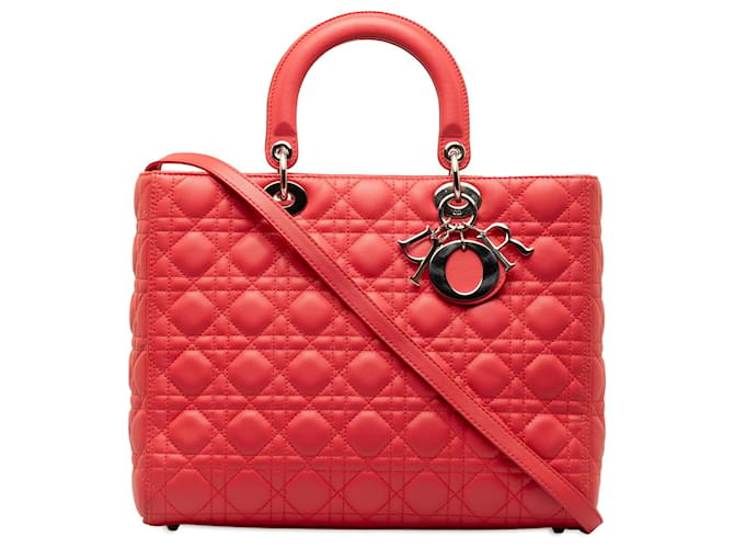 Dior Red Large Lambskin Cannage Lady Dior Leather  ref.1328121