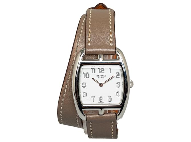 Hermès – Cape Cod Tonneau-Uhr aus silbernem Quarzstahl Braun Leder Metall Kalbähnliches Kalb  ref.1328157