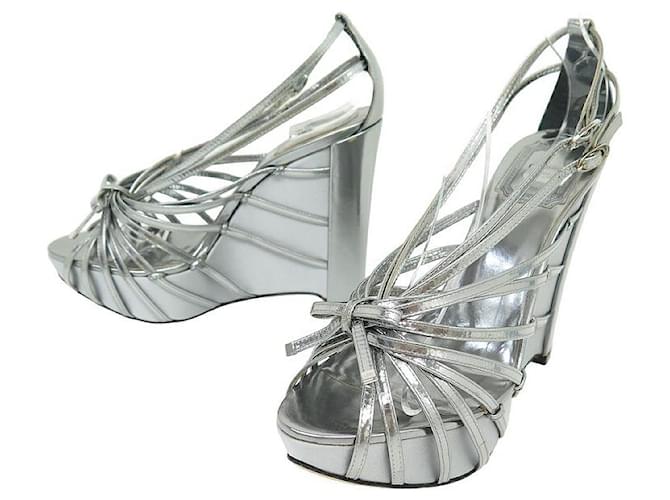 NEW DIOR SHOES WEDGE HEEL SANDALS 37 SILVER LEATHER SHOES Silvery  ref.1328285