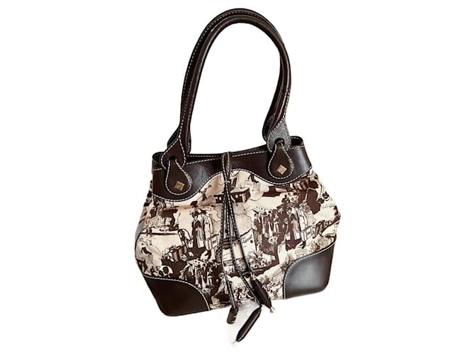 Lancel Handbags Beige Dark brown Leather Cloth  ref.1328516