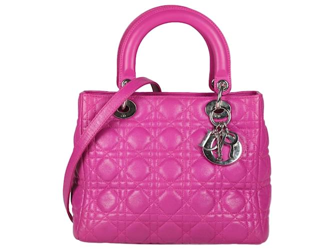 CHRISTIAN DIOR Lambskin Cannage Medium Lady Dior in Fuchsia Pink Leather  ref.1328528