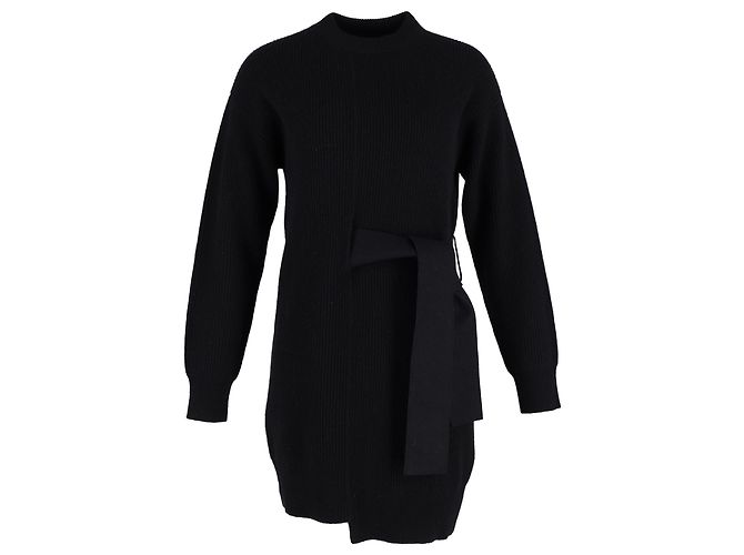 Proenza Schouler Rippenstrick-Pulloverkleid mit seitlichen Bindebändern aus schwarzer Wolle